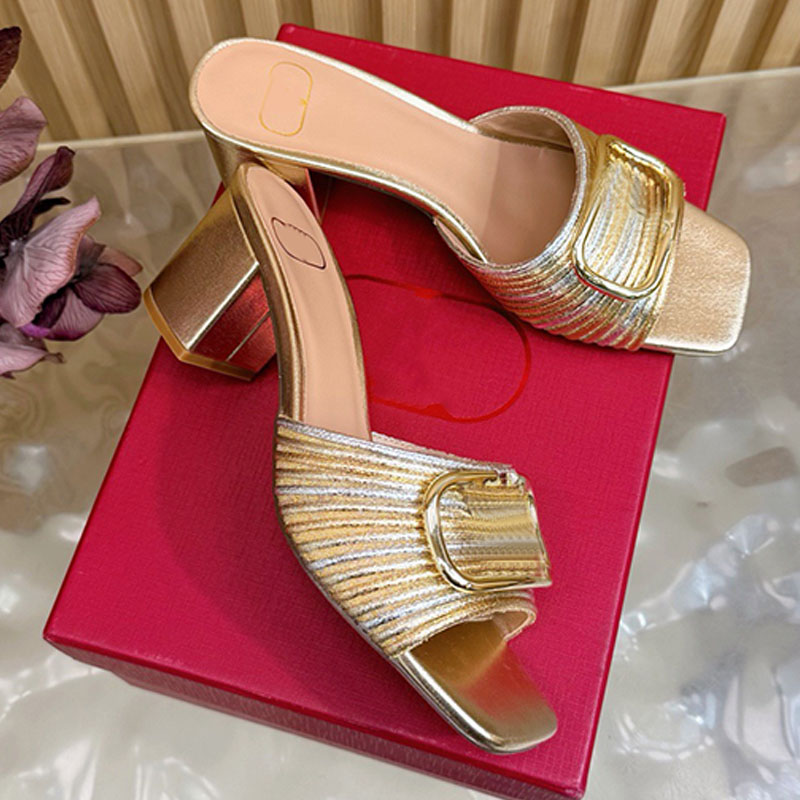 designer laminated nappa leather Metallic Slide Sandals fashion trend light gold finish Holiday party sandals womens comfortable Block heel sandals