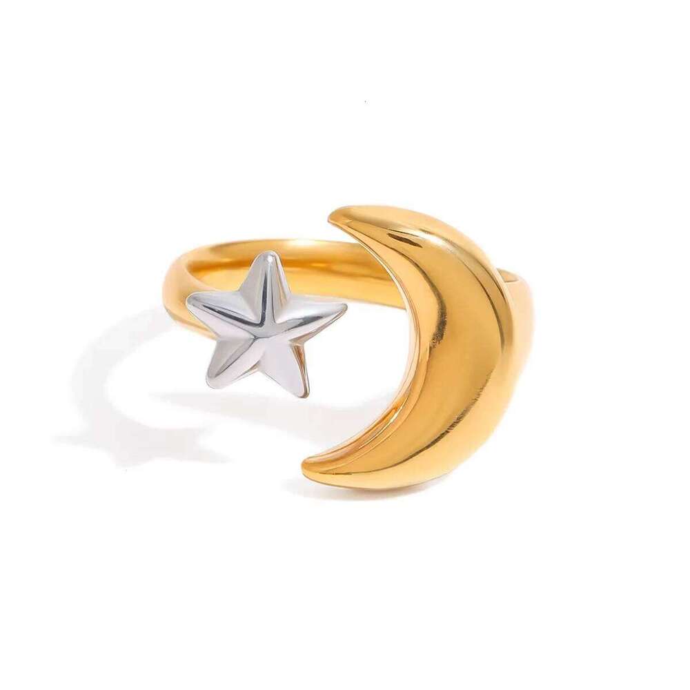 XIANING Minimalist Two Tone Star Moon Open 18K Gold Color Plated Stainless Steel Universe Ring Women's Jewelry Party Gift H260312