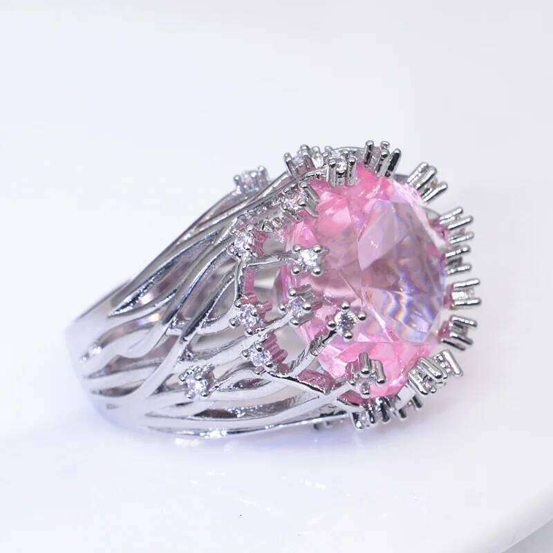 New 925 Sterling Silver Inlaid Pink Crystal Zircon Exaggerated Ring For Woman Wedding Jewelry Gift H260312