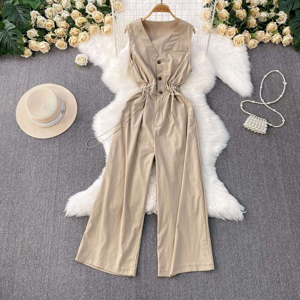 Elegant style sleeveless V-neck single breasted jumpsuit women's 2026 summer new item drawstring waist slim fit wide leg