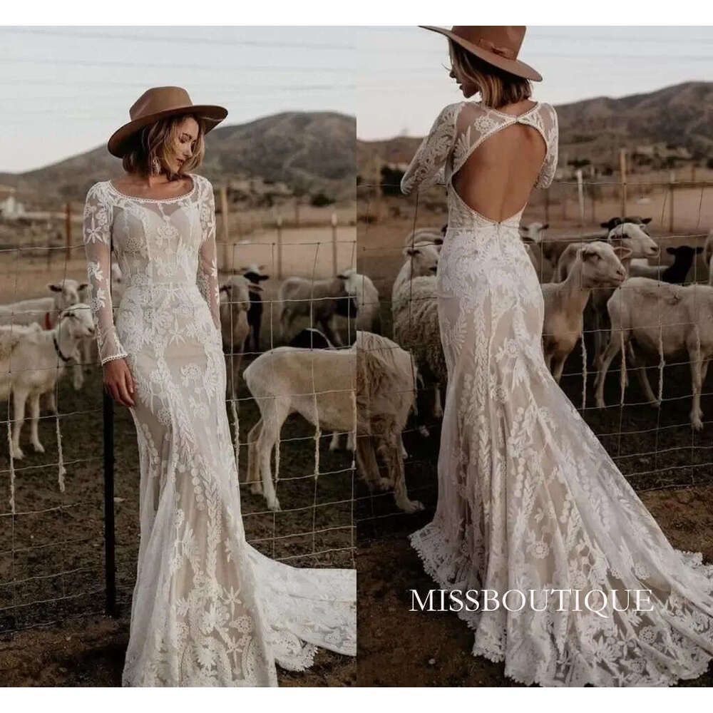 Lace Country Mermaid Wedding Dresses Bridal Gown Long Sleeves Scoop Neck Sexy Backless Custom Made Ruffles Applique Sweep Train Plus Size Beach Vestid