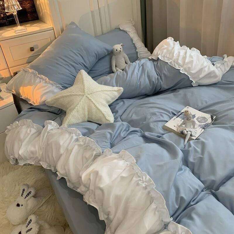 Korea Princess Purple Bedding Sets Bed Pillowcases Duvet Cover 3/4 Pieces Home Decoration Washed Cotton Flat Sheet Set H260312 - view 4