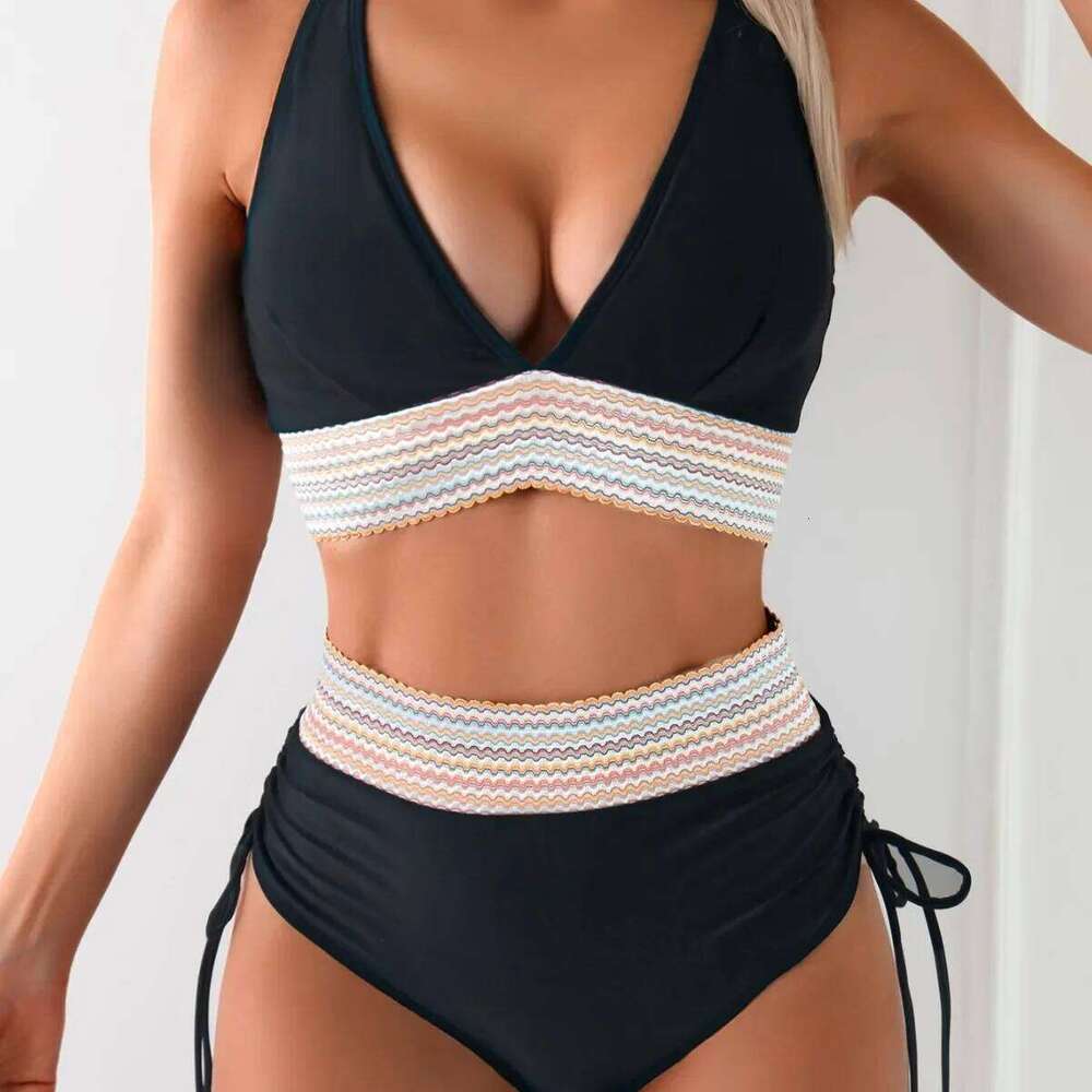High Waist 2025 New Deep V Backless Sexy Bikini Split Swimsuit Beach Vacation Style Y260303