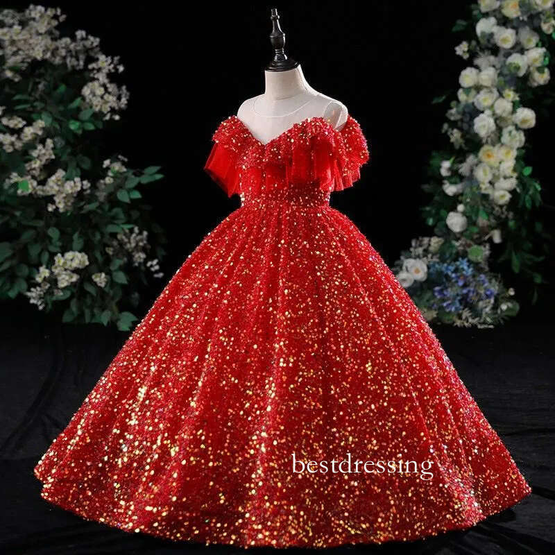 Gold Crystal Flower Girls Dress Pageant Dresses Red Sequined Ball Gown Beaded Toddler Infant Clothes Little Kids Birthday Christmas Gowns 403 B0313