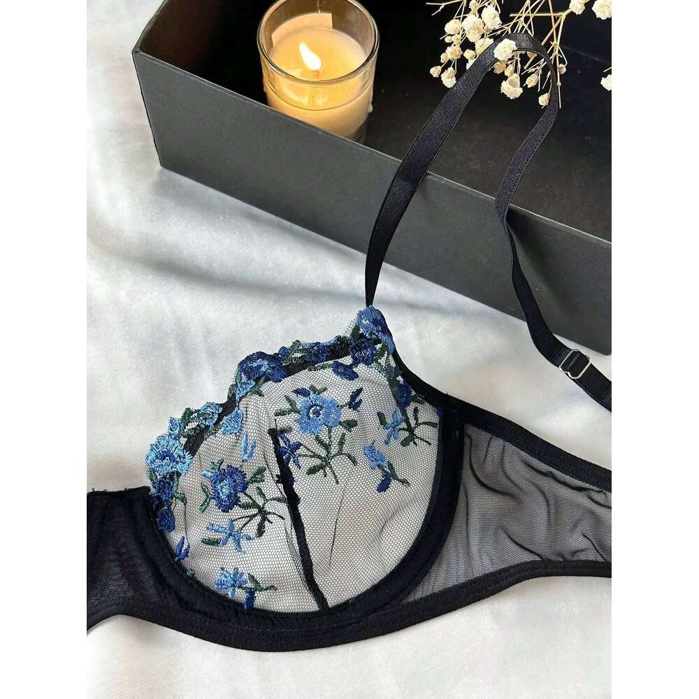 Erotic Embroidery Blue floral fragments Lace Babydoll Sensual Lingerie Bra For Women Underwear Intimate Sexi Panty Set 2024
