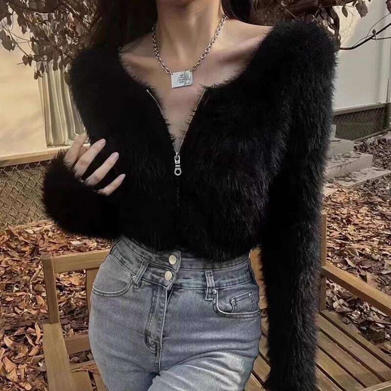 Fashion Korean Style Autumn Women Long Sleeve O-neck Zipper Knit Sweater Spring Solid Sexy Short Top Elegant Fluffy Knitwear Z260314