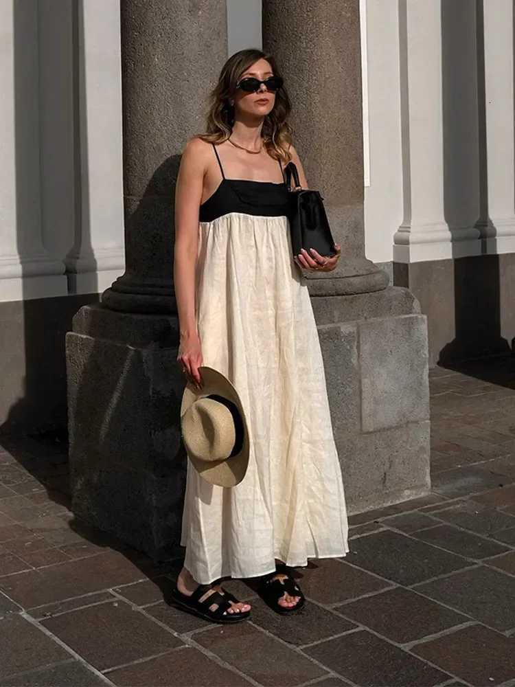 Contrast Splicing Loose Sling Long Dresses Women Square Collar Sleeveless Backless High Waist Dress 2024 Summer Lady Street RobeT260314