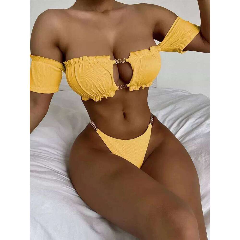 Sexy Solid Bikinis 2024 Women Off Shoulder Hollow Out Thong Swimsuit Brazilian Bathing Suit Ruffle Push UP Swimwear Biquini Swim Y260303
