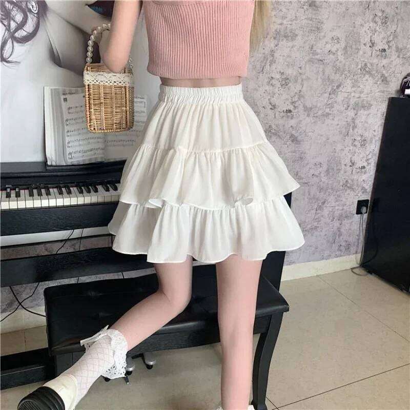 White Ruffles Mini Women Kawaii Elastic Waist A-line Loose Preppy Style Cute Short Pleated Skirt Korean Fashion Z260314