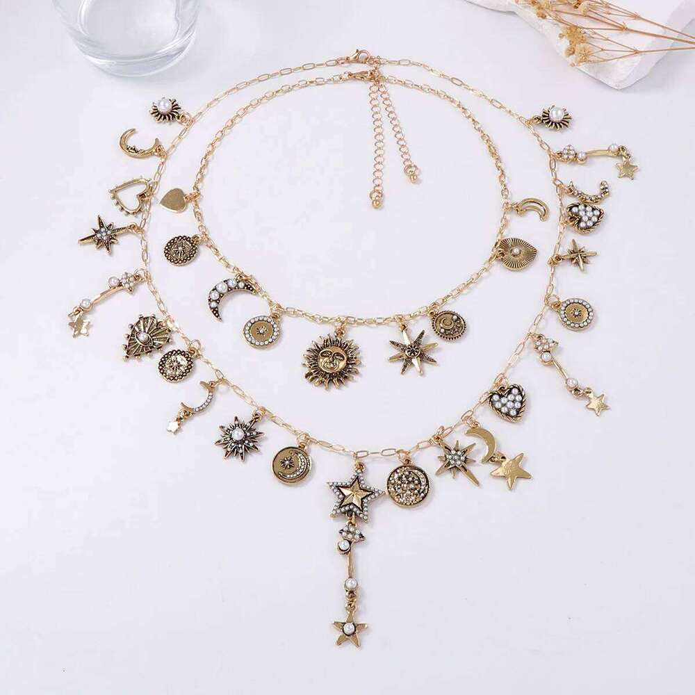 Zvoijio Personalized Trendy Retro Gold Color Alloy Sun Moon Star Chain Necklace for Women H260312
