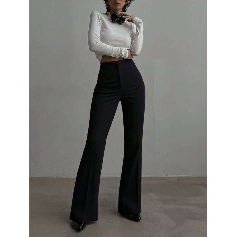 Ladies' solid color black casual elegant high waisted straight leg pants suitable for daily outings office commuting Z260313