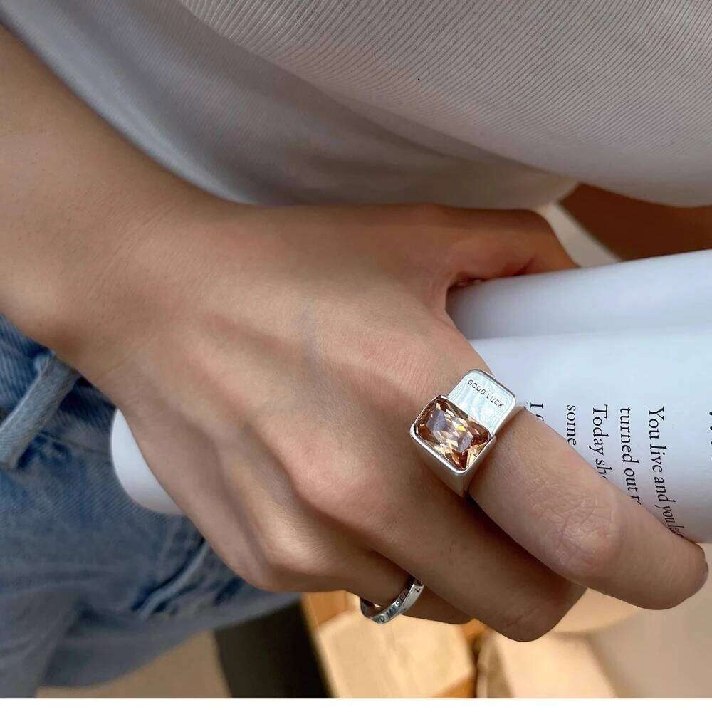 Fashion Good Luck Letter Square Crystal Stainless Steel Opening Couple Rings for Women Men Charm Finger Jewelry H260312