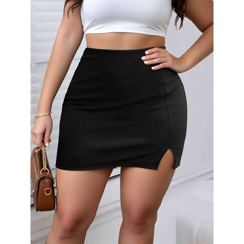 Ladies Plus Size Solid Color Bodycon Mini with Side Slit Fashion Pencil Skirt Z260314