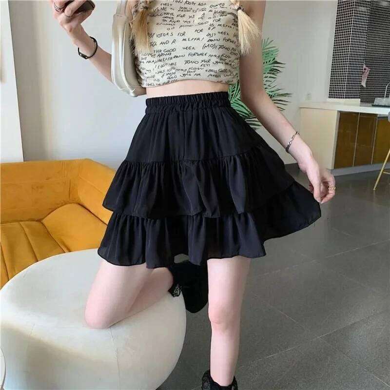 Summer Kawaii Mini A-line Skirt Adorable Flirty High Waist Ruffle Patchwork Lolita Ball Gown Y2K Korean Sweet Women's Clothing Z260314