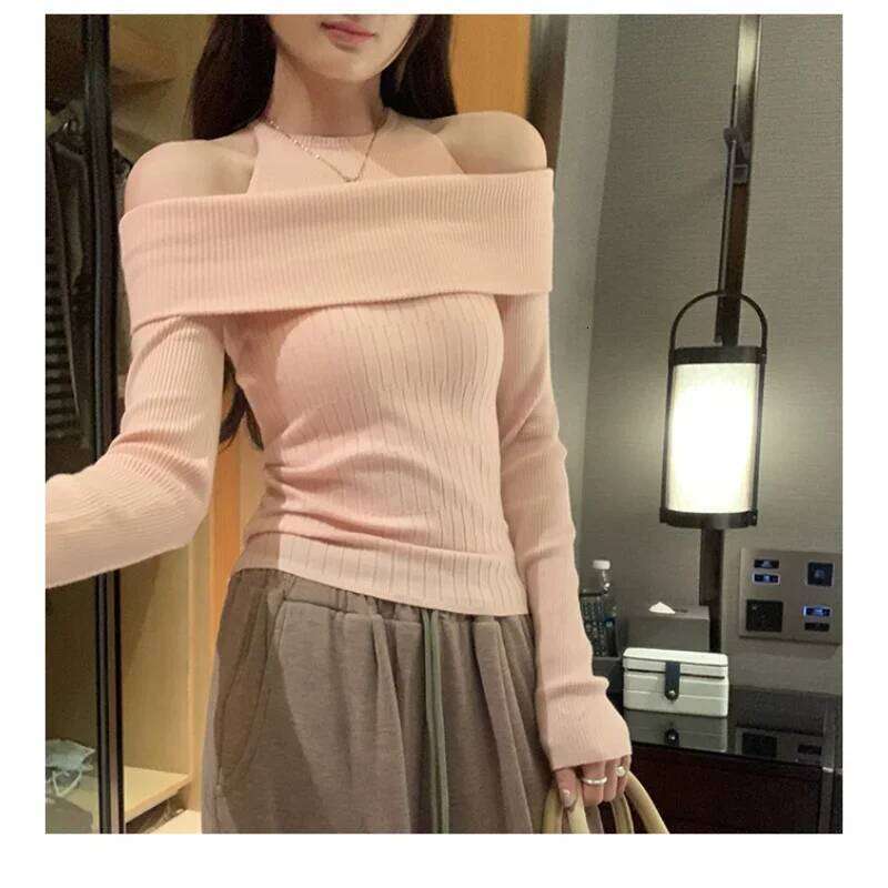 Unique Design Fake Two Piece Off Shoulder Long Sleeve Knitwear Womens Spring Autumn New Arrival Stand Alone Top Z260313