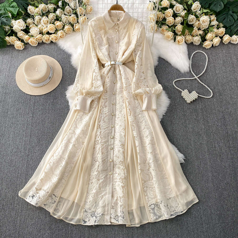 Designer French retro lace embroidered dress with lapel and lantern sleeves for women's A15 spring and autumn single breasted design