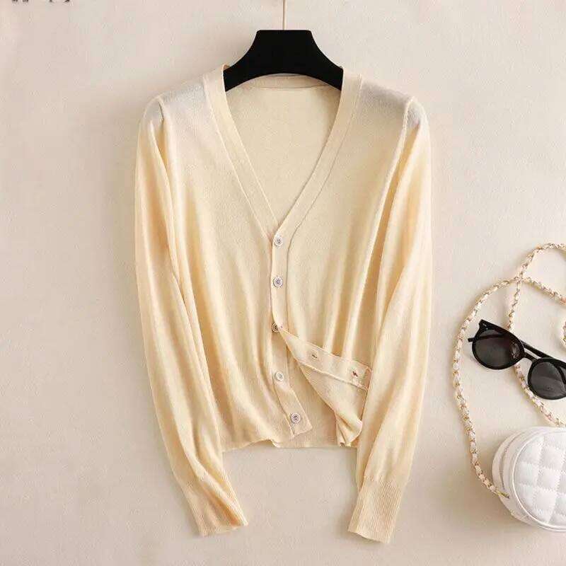 Women Clothing Fashion Knit Thin Long Sleeve Shirts Summer Casual Loose Solid V-neck Blouses Lady All-match Chic Sunscreen Tops Z260313
