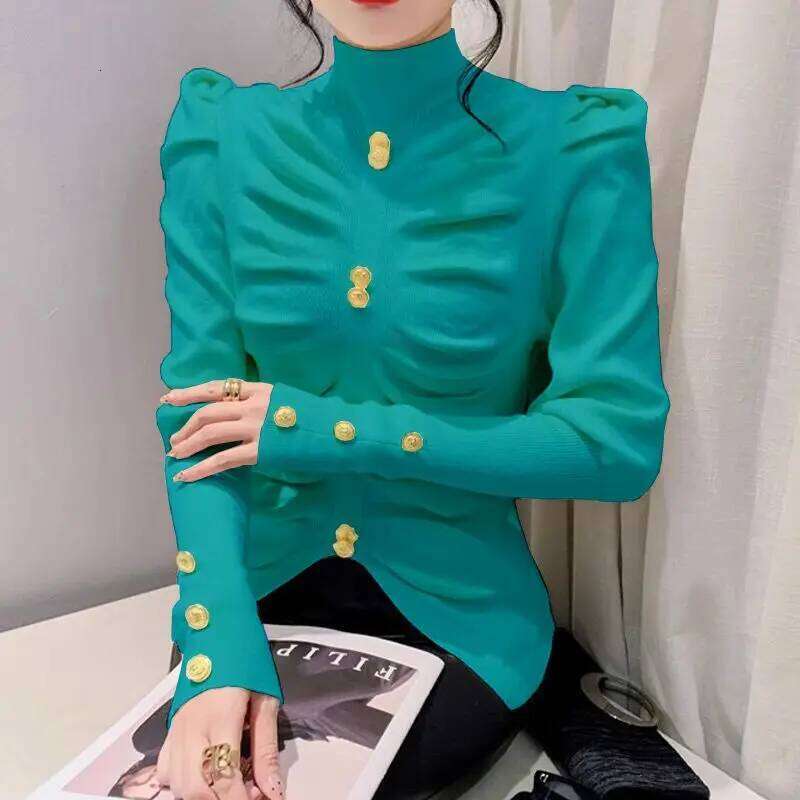 Semi-turtleneck Sweater Women's Bubble Sleeves Slim-fit Knitted Pullover Pleated 2024 Autumn New Long-sleeved Temperament Top Z260313