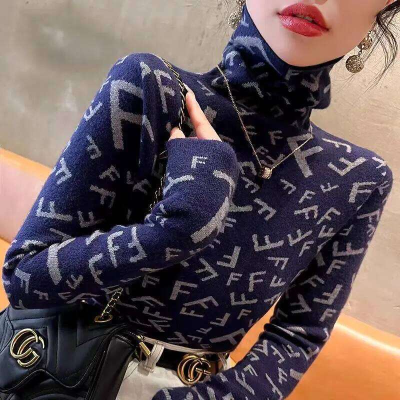 Women Clothing Elegant Fashion Letter Knit Pullover Autumn Winter Casual All-match Half High Collar Long Sleeve Sweater Slim Top Z260313