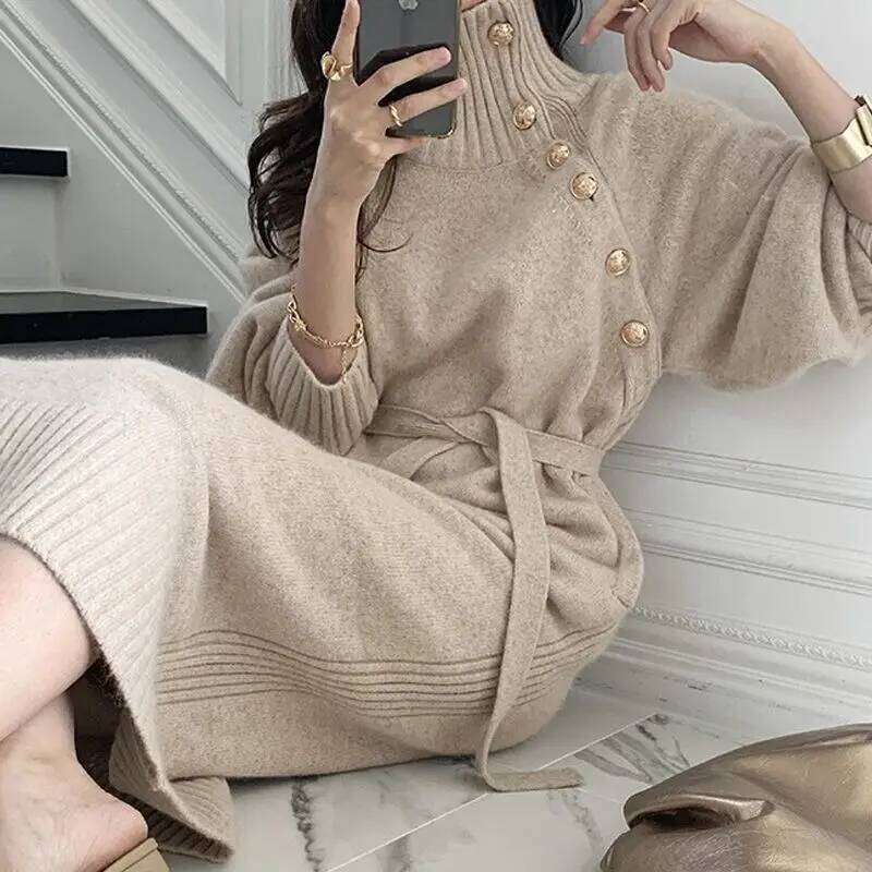 Beige Turtleneck Evening Female Dress Women's Dresses Loose Maxi Crochet Black Clothing Long Robe Knit Sensual Sexy Beach Z260314