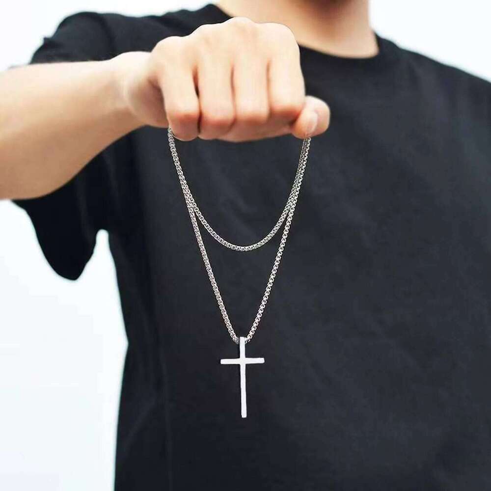 Vnox Necklace for Men Women, Silver Color Plain Cross Pendant Collar with Stainless Steel Box Chain H260312