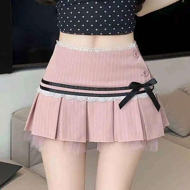 Summer Korean Sweet Striped Pink Pleated Skirts Women's Elegant Bow Hight Waist A Line Y2k Sexy Lace Streetwear Mini Skirt Z260314