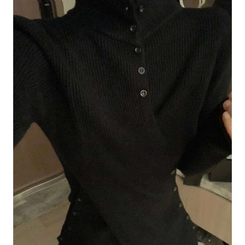 Deeptown Harajuku Black Turtleneck Women Sweaters Criss Cross Irregular Korean Fashion Button Knit Pullovers Slim Warm Aesthetic Z260313