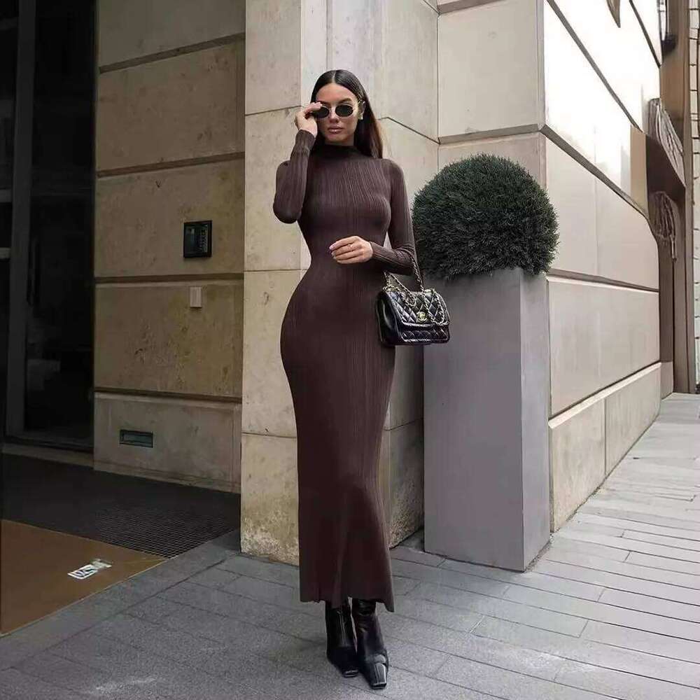 Women Elegant Sleeve Knitted Maxi High Neck Bottoming Striped Sweater Slim Long Dress Bodycon Party Club Streetwear Z260314