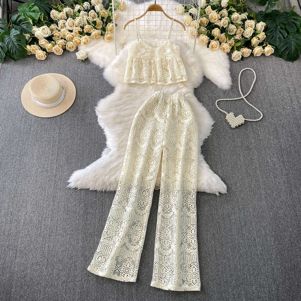 2026 designer pure desire style sexy lace hollow V-neck A13 short vest high waist slim fit wide leg pants two-piece set