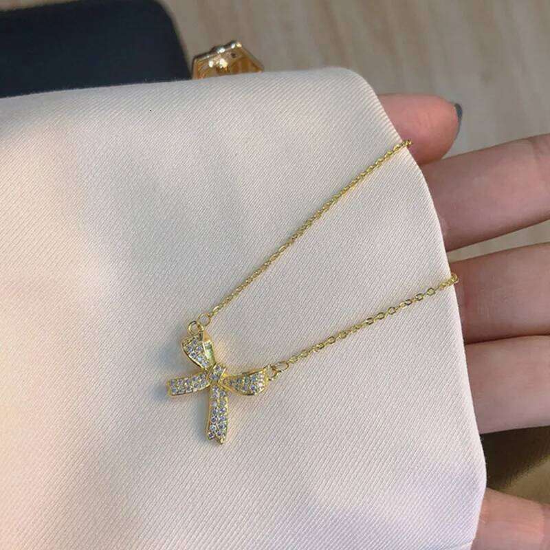 Silver Color Bow Clavicle Chain Fashion Acrylic Crystal Pendant Necklace For Women INS Jewelry Kpop Accessories H260312