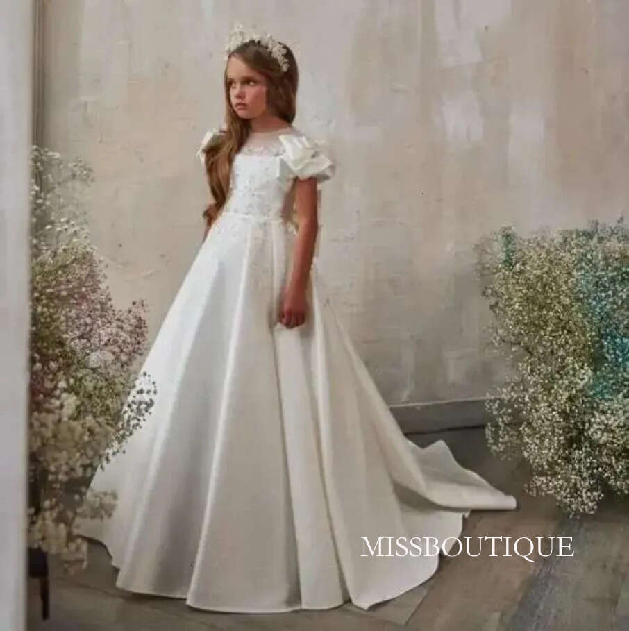 Holy White Ivory Flower Girl Dresses A Line Cap Sleeves Scoop Appliques Beaded Long First Communion Gowns Little Kids Birthday Party Dress D28 B0313