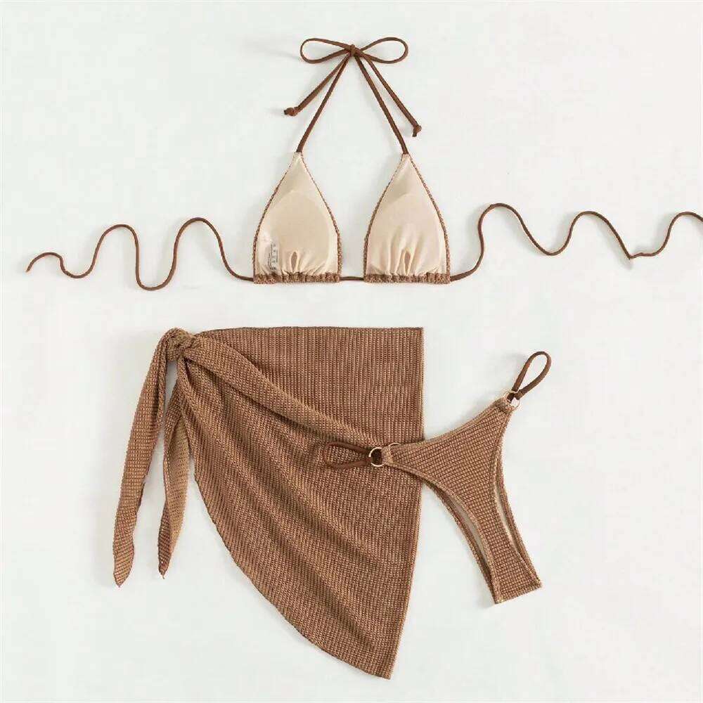Holiday Brown Halter Solid Swimwear Sexy String Triangle Bikinis Sets 3 Pieces Swimsuit Woman 2026 Bather Micro Bikini Thong Y260303