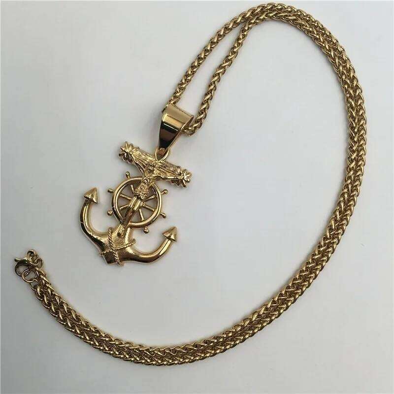 Cross Rudder Anchor Pendant Necklace Gold Color Plated Jewelry Stainless Steel Navigation Religious Necklacejavascript: H260312