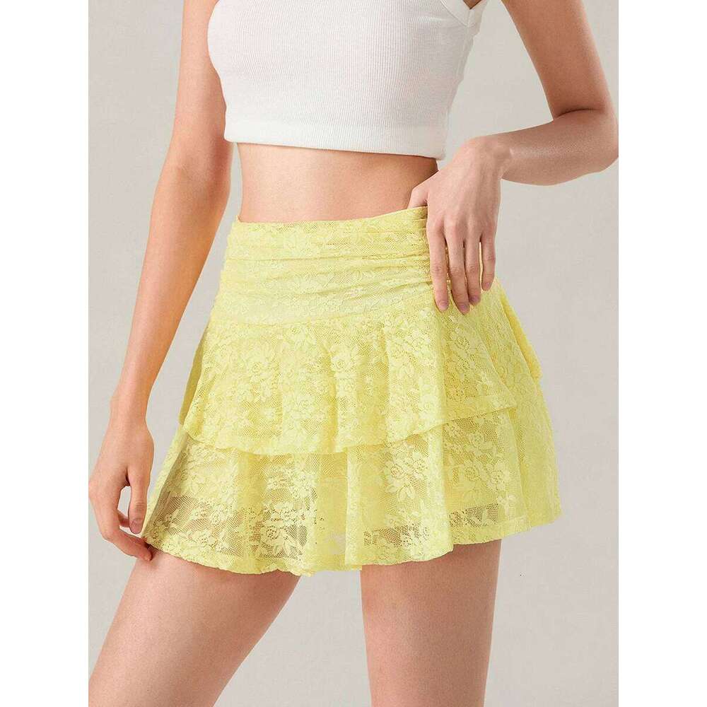 Womens Mini Lace Flower Low Waist A-Line Layered Ruffled Skirt for Daily Party Club Z260314