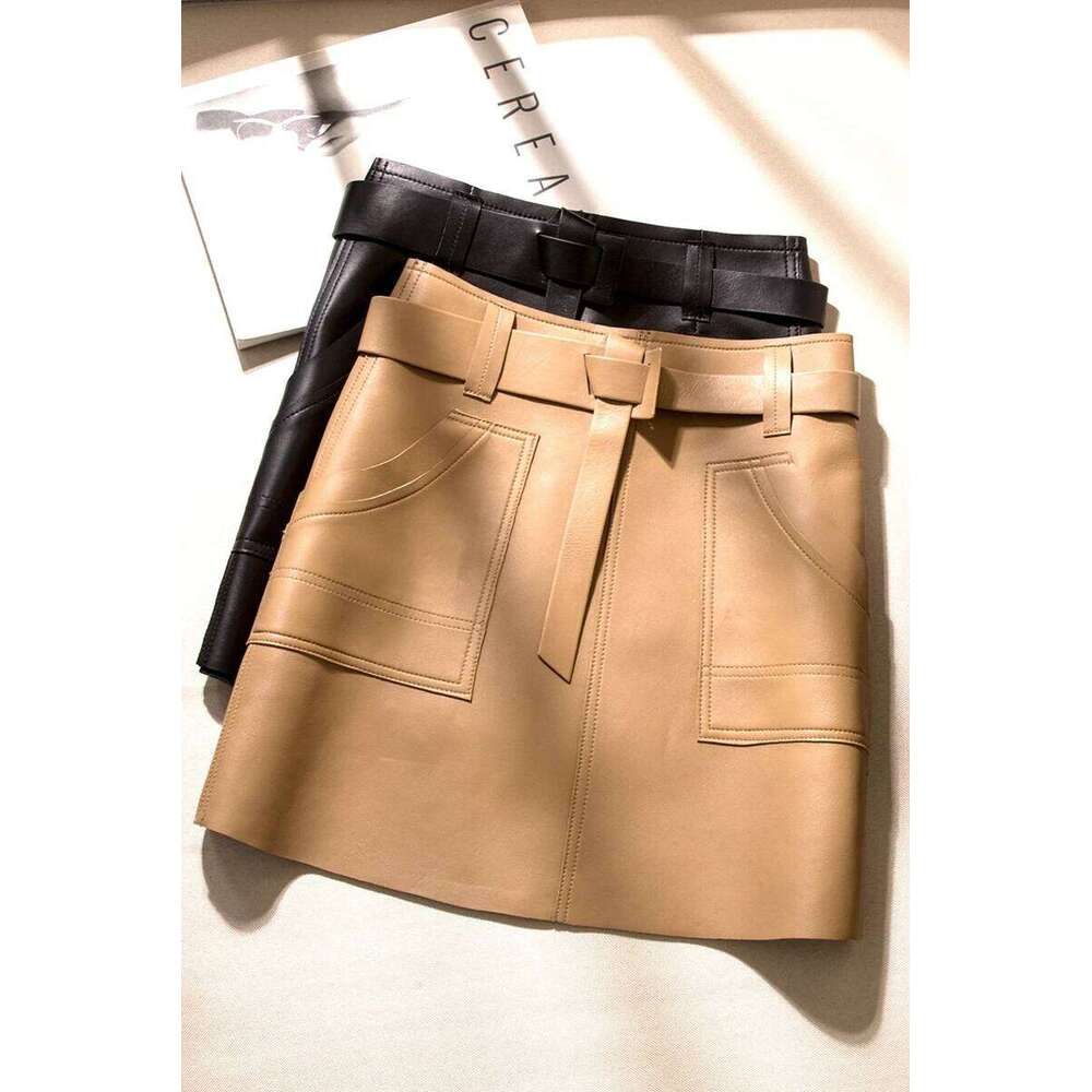 Quality Genuine Leather High Waisted A-line Buttocks Wrapped Women's Fashionable Sheepskin Belt Short Skirt Y2k Z260314