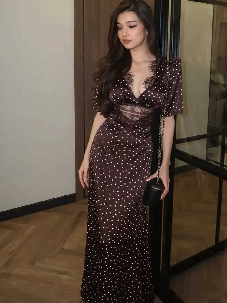 Elegant Women Brown Polka Dot Print Maxi Dress Fashion Short Sleeve Dresses Evening Ladies Street Party Vestidos 2026 SummerT260314