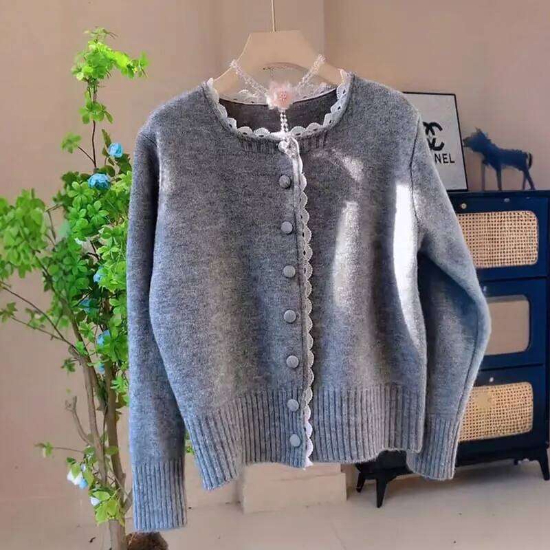 Spring Autumn Splicing Lace Design Sweater For Women New Korean Loose Slim Single Breasted Style Knitted Cardigan Top Z260313