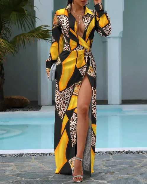 Womens Autumn Slit Long Dress Lace-up Printed Long-sleeved Dress High-waisted POLO Collar Irregular Temperament Elegant DressT260316