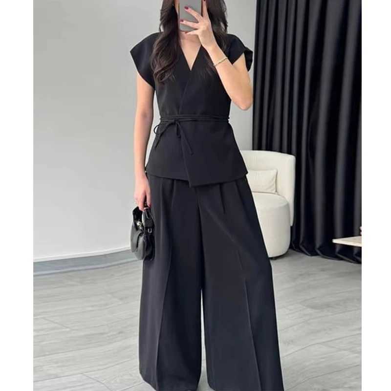 MUJER 2025 Wide Leg Pants Sets for Women 2 Pieces Sleeveless Vest Top Woman Pleated Casual Trousers Sets Two Piece Outfits Woman M260313