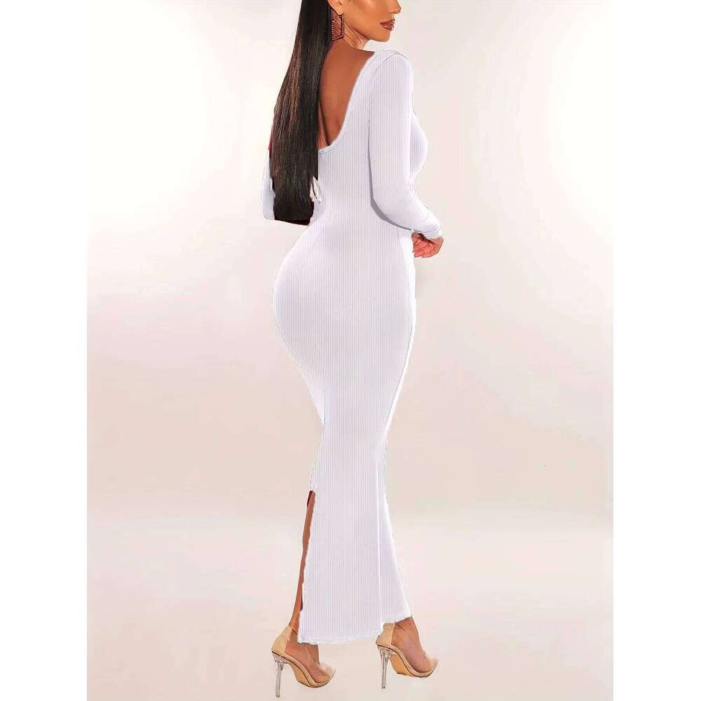 Women Ribbed Knit Sleeve Maxi Slim Fit Solid Color Bodycon Pencil Long Dress Casual Fall Spring Clothes Z260313
