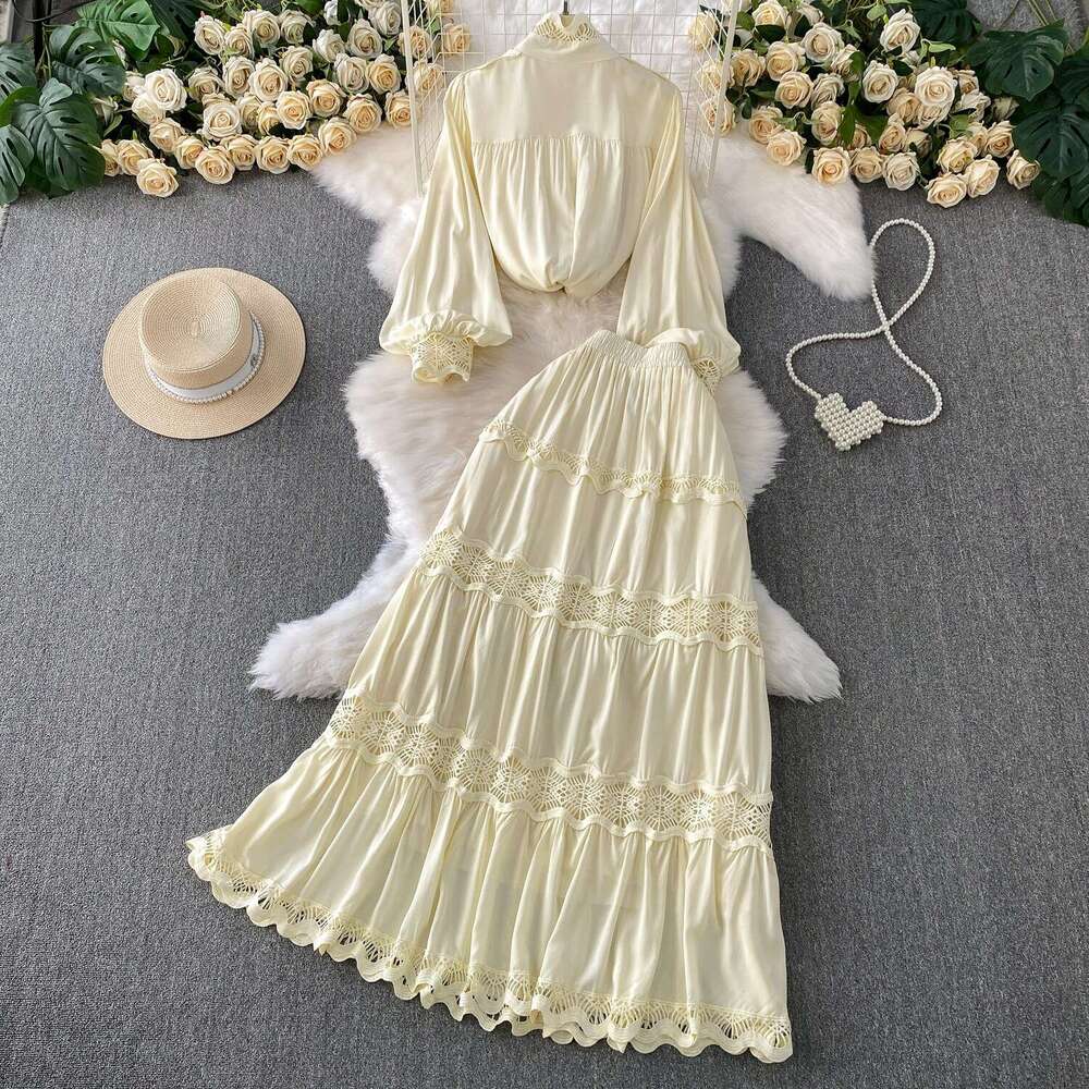 2026 soft A13 style blue thick lace patchwork stand up collar lantern sleeve shirt two-piece set high waist slimming cake skirt