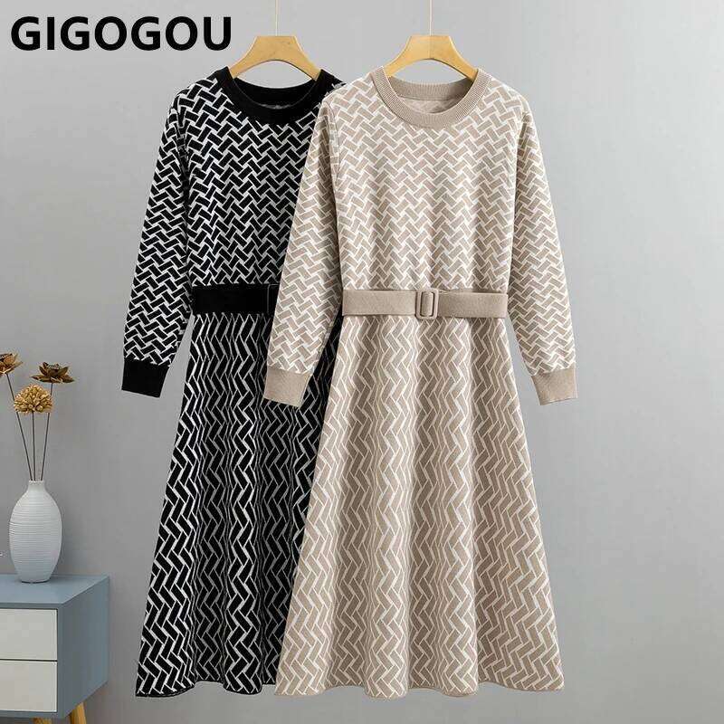 GIGOGOU Luxury Jacquard Women Long Knit Sweater CHIC Autumn Winter A Line Dresses With Belt Pleated Maxi Midi Party Dress Z260313