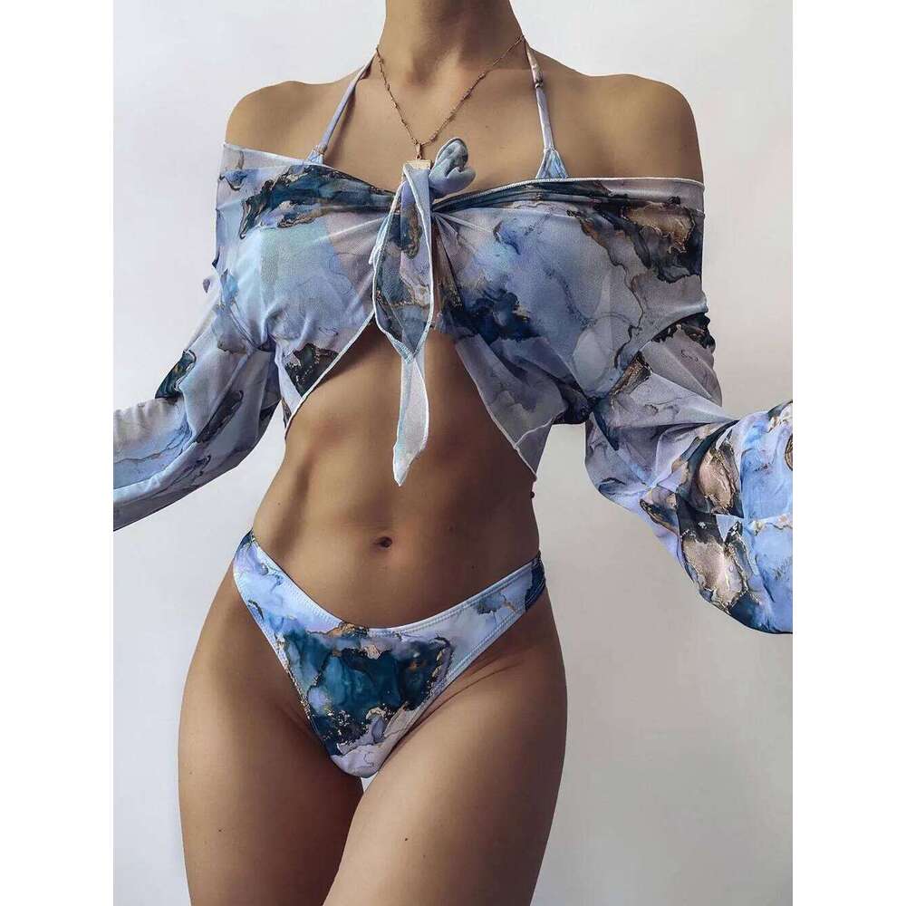 2025 New Print Sport Bandeau Push up Bikinis Sexy Marble Swimsuit High Waist Swimwear Women bathing suit Beach wear Y260303