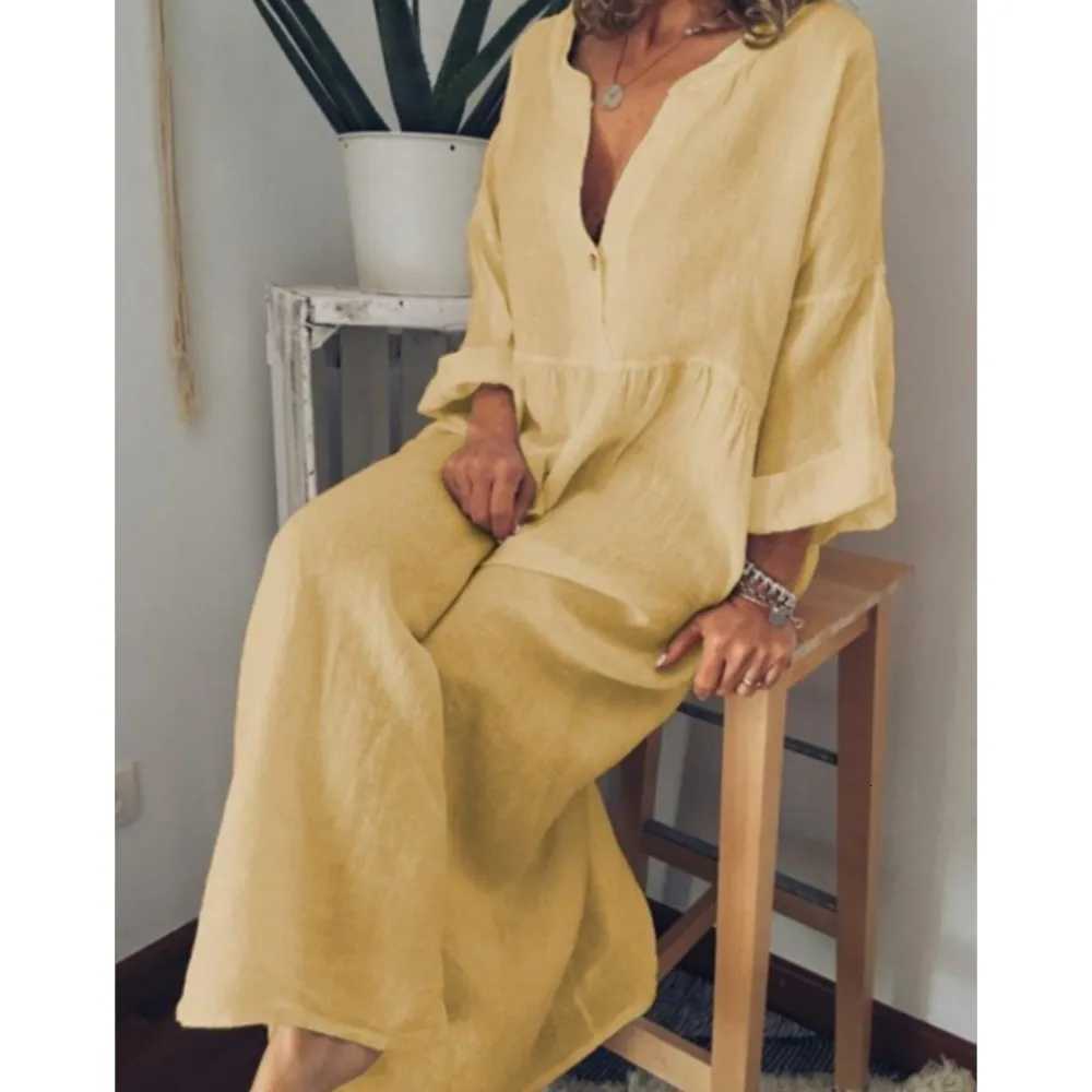 Loose Cotton Linen Womens Long dress Spring New Korean Version Loose Casual Solid Color Long Sleeved Button Up DressT260314