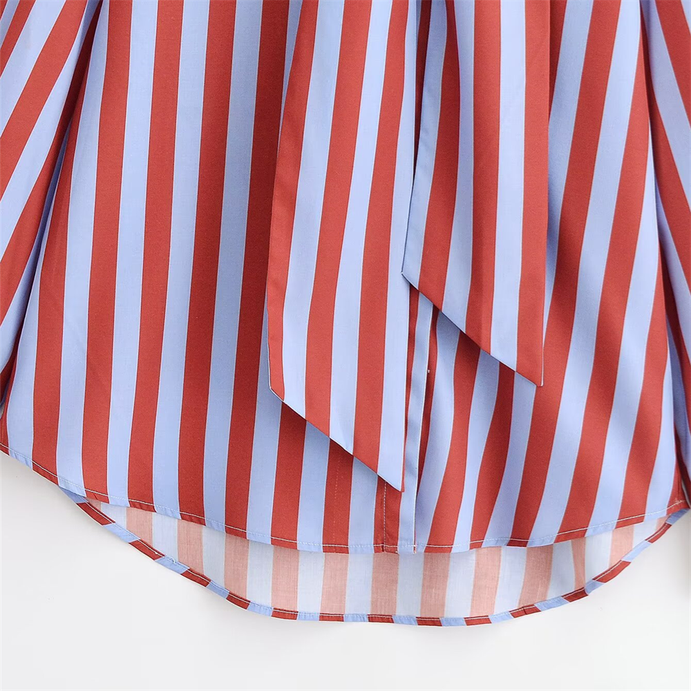 PB&ZA 2026 Spring/Summer New Product Women's Long Sleeve High Collar Butterfly Bow Striped Shirt