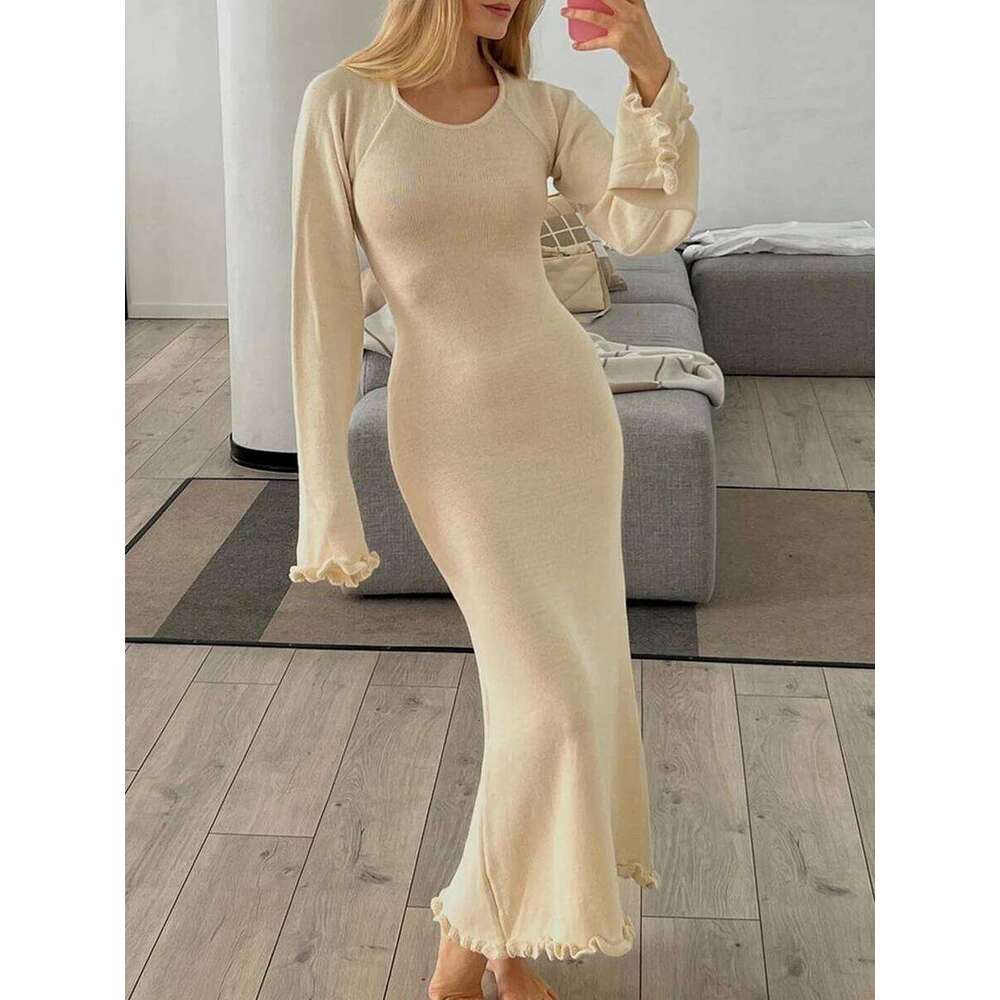 Sexy Backless Knitted Sweater Maxi Dress Outfits for Women Flare Sleeve Dresses Edible Tree Fungus Clothes 2024 Winter Z260313
