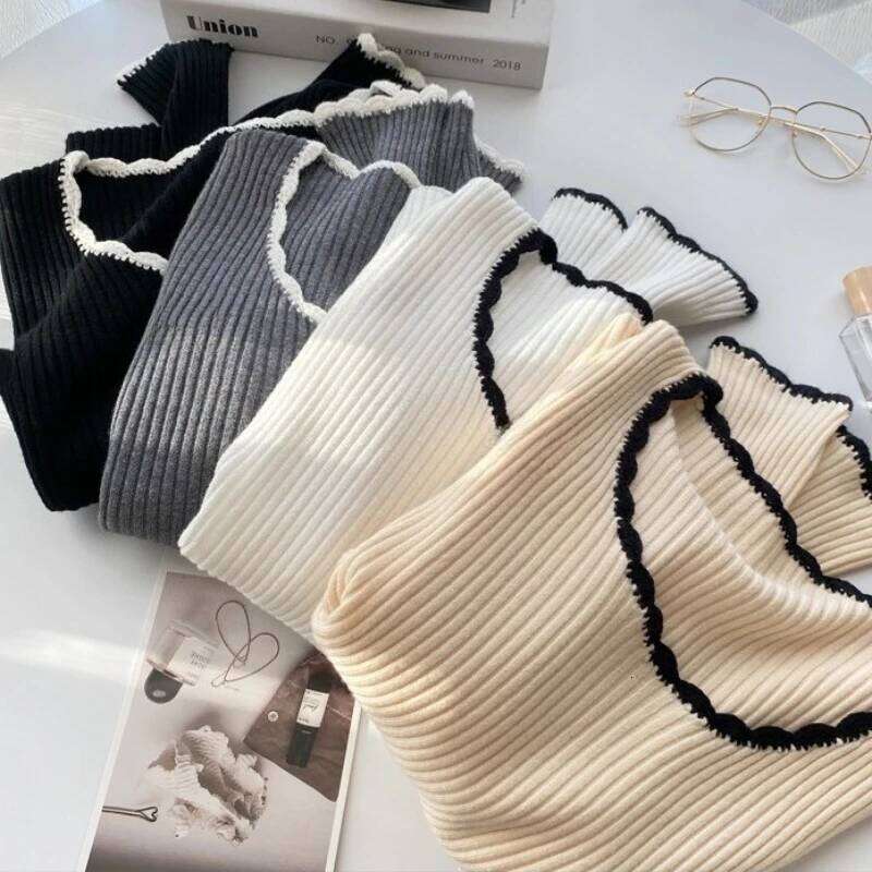 2026 Women Long Sleeve Slim Soft Tops Autumn Winter Square Neck Knitted Pullovers Casual Versatile Color Blocking Sweater Z260313