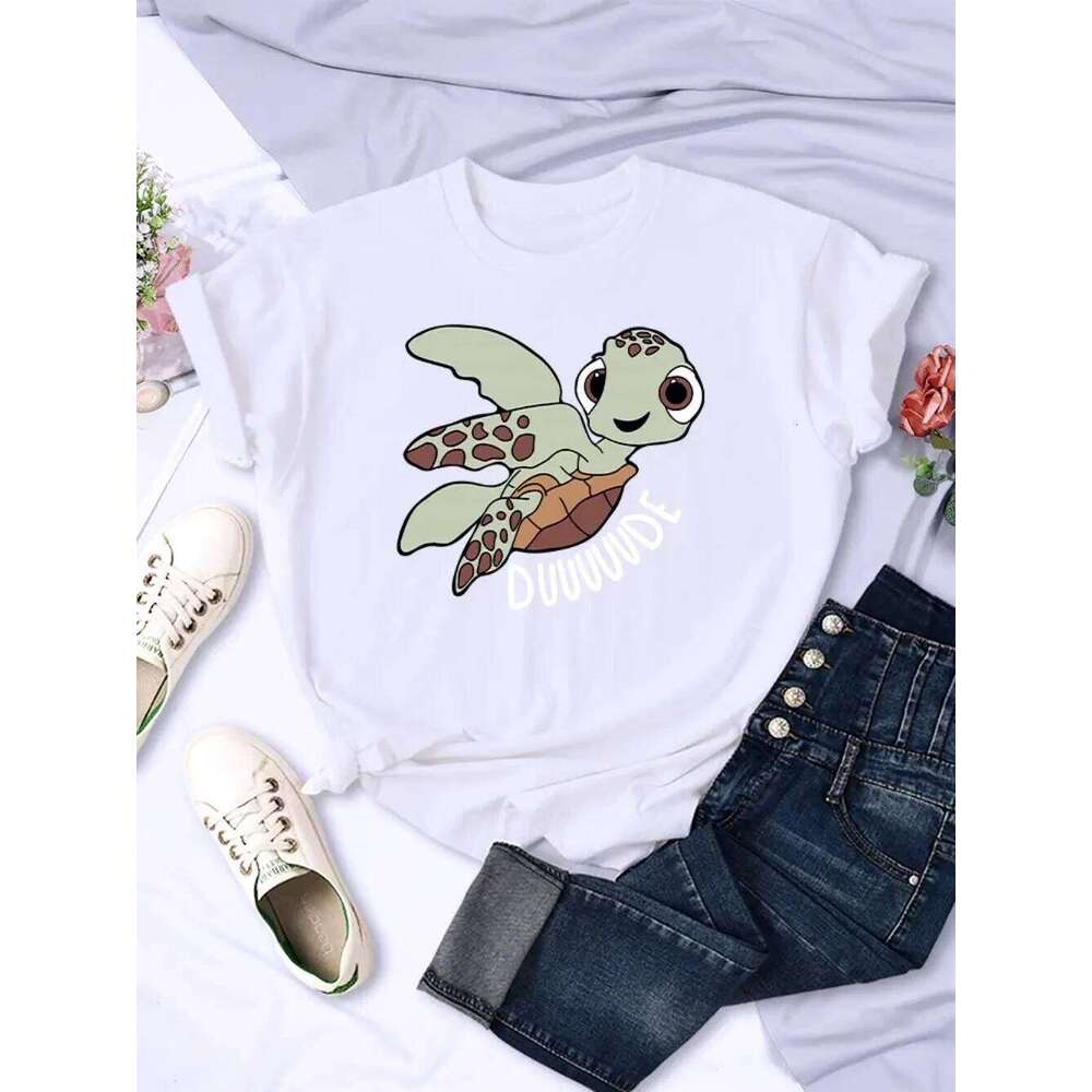 Simple Women T-Shirts Cute Cartoon Turtle Letter Prints Tops O-Neck Comfortable Soft Tee Summer Casual Female Aesthetics Clothes Z260314