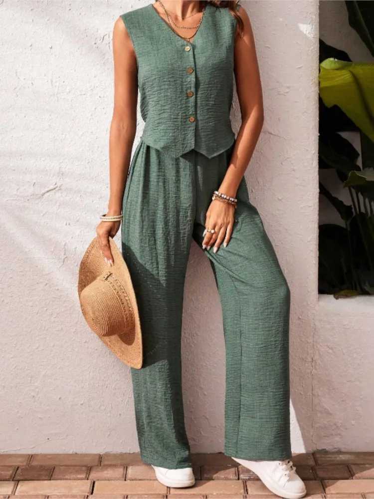 Fashion Solid Office Set Lady Casual V Neck Sleeveless Button Tops High Waist Wide Leg Pants Two Piece Sets For Women Summer New M260313