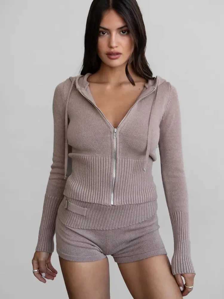 Spring Autumn Knitted Shorts Suit Women Long Sleeves Hooded Zipper Topshigh Waist Slim Shorts Female Solid Knit Two Piece Set M260313